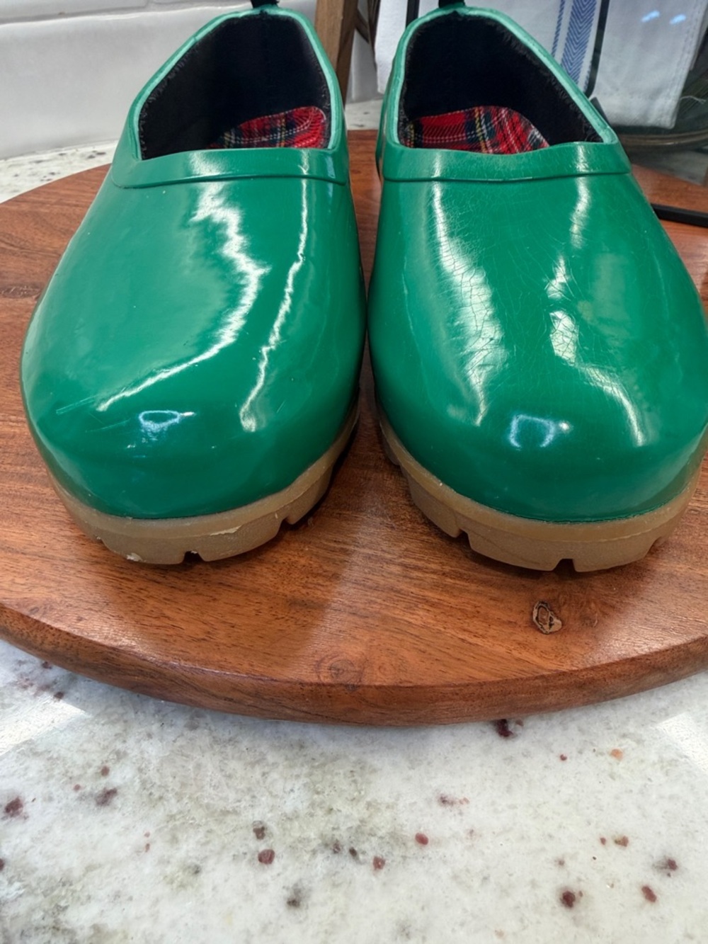 Mid West Green Slip On Rubber Garden Rain Shoes Clogs sz 7 Plaid insoles - Picture 2 of 6